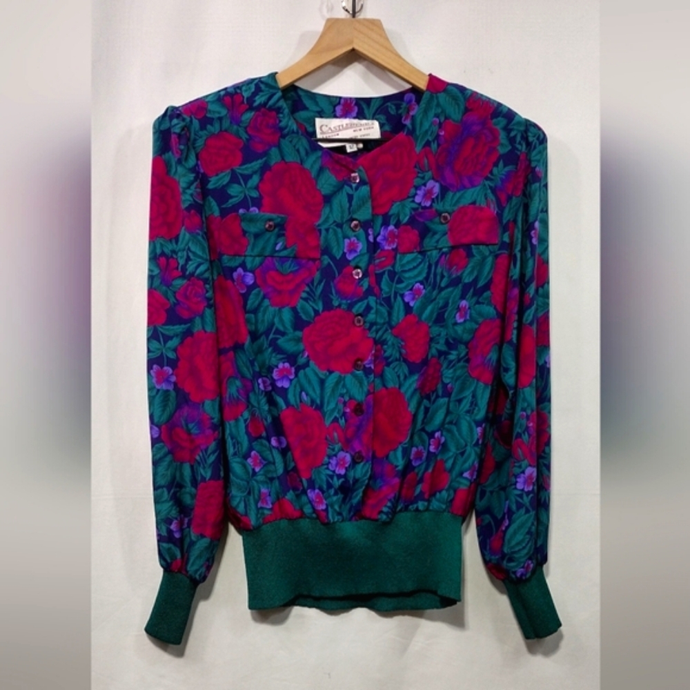 Vintage Castleberry Floral Lightweight Jacket Womens 12 Green Red Retro 90s Y2K